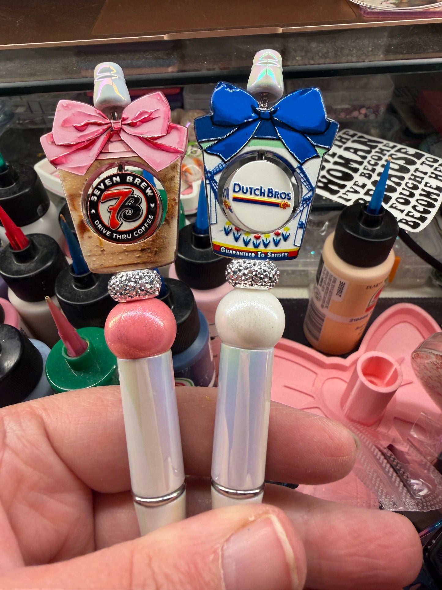 Ice coffee inspired spinner focals on a pen.