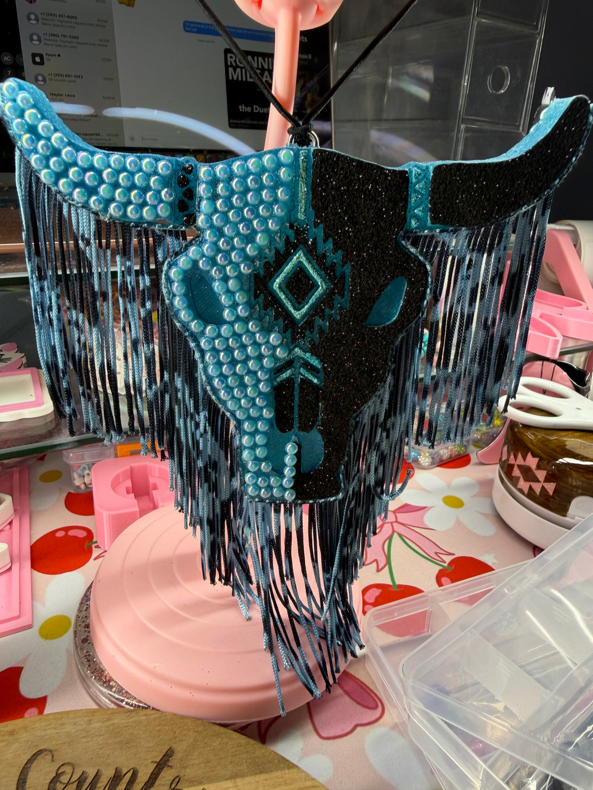 Blue/Black bull skull with fringe freshie in the scent of Troubadour.