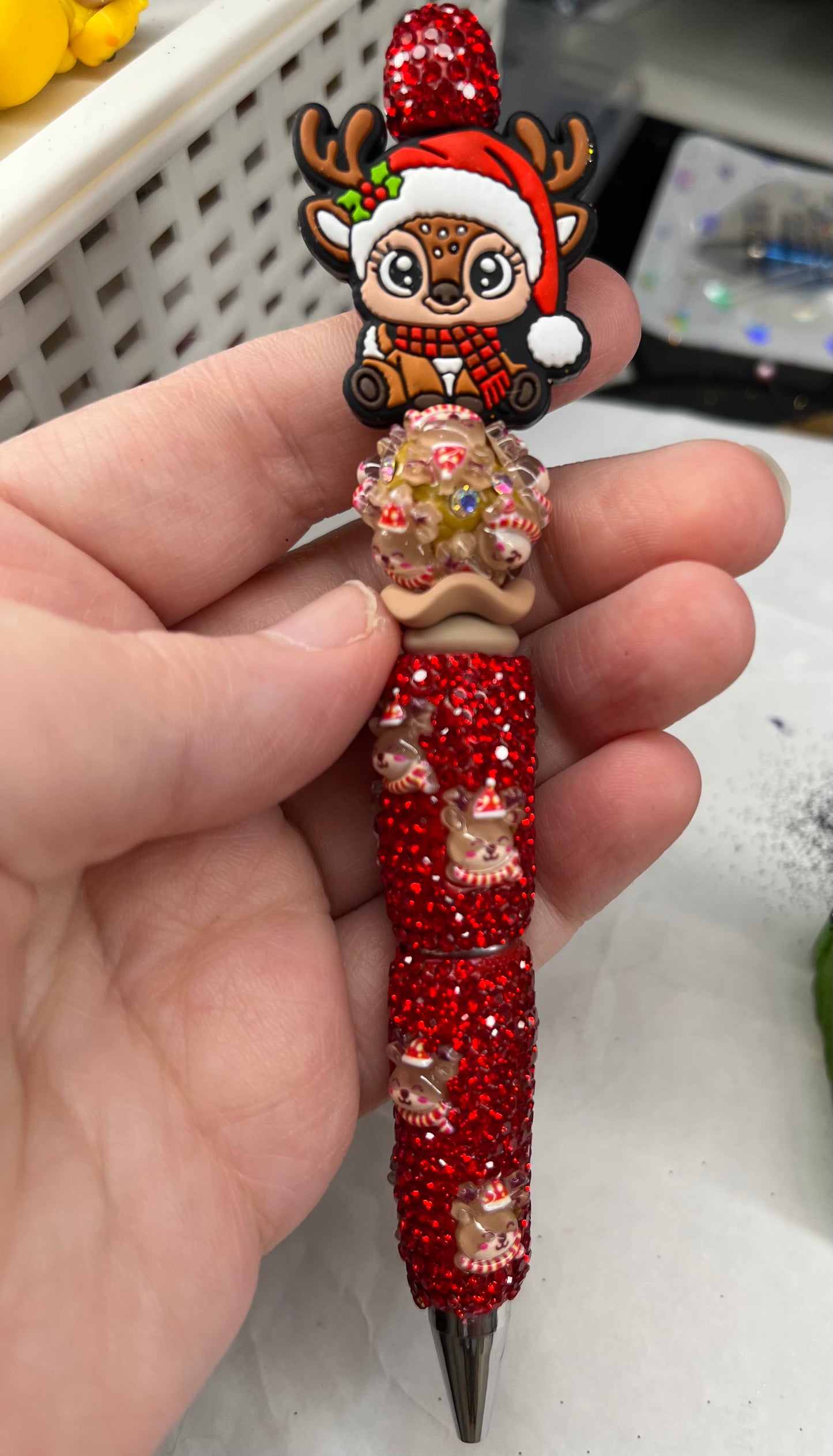 Baby Reindeer with a Santa Hat on a Red Reindeer Bling Pen