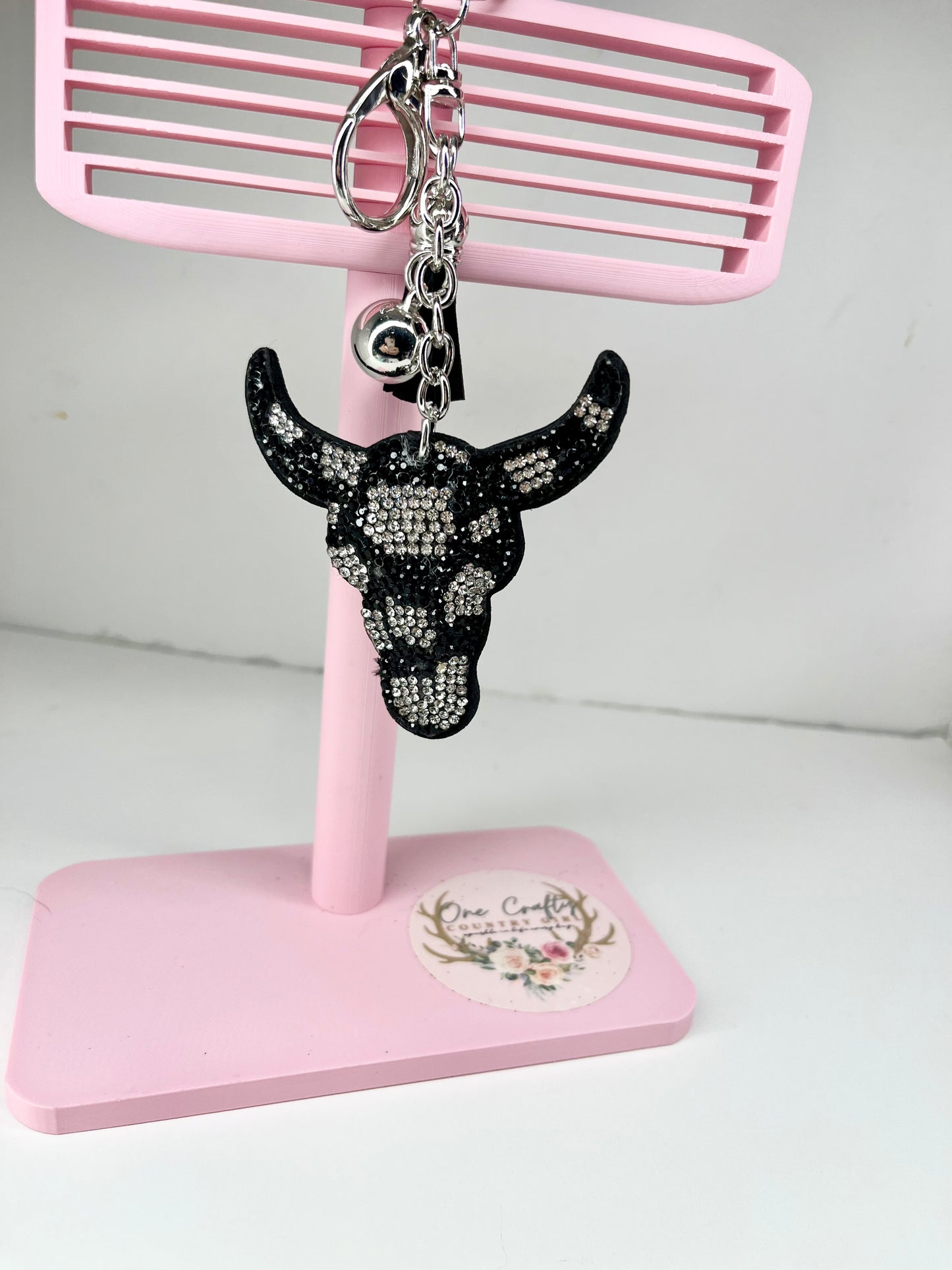 Sparkly Rhinestone Bull Skull Keychain