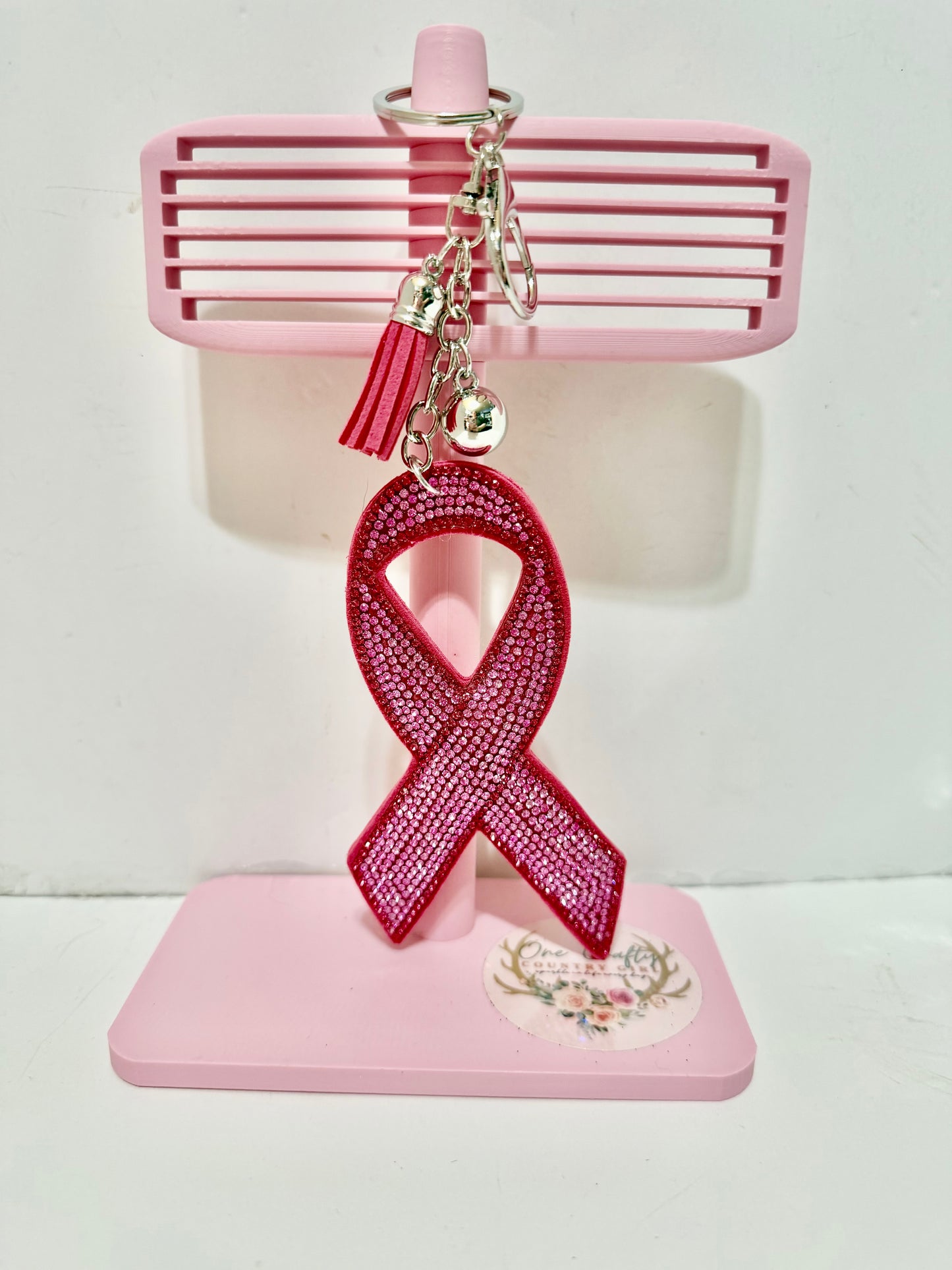 Pink Ribbon Sparkly Rhinestone Keychain