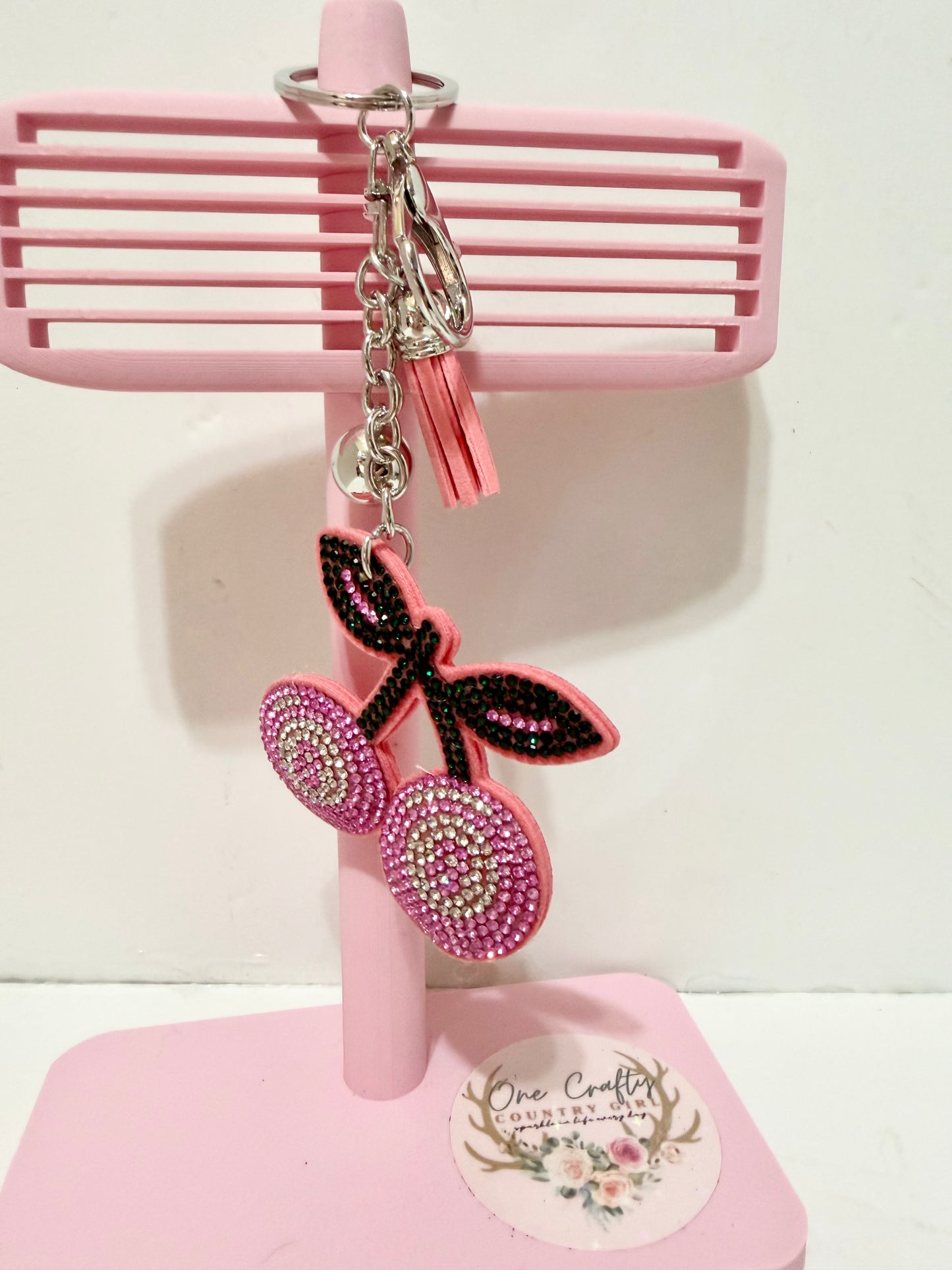 Western 8 Ball Cherries Sparkly Rhinestone Keychain