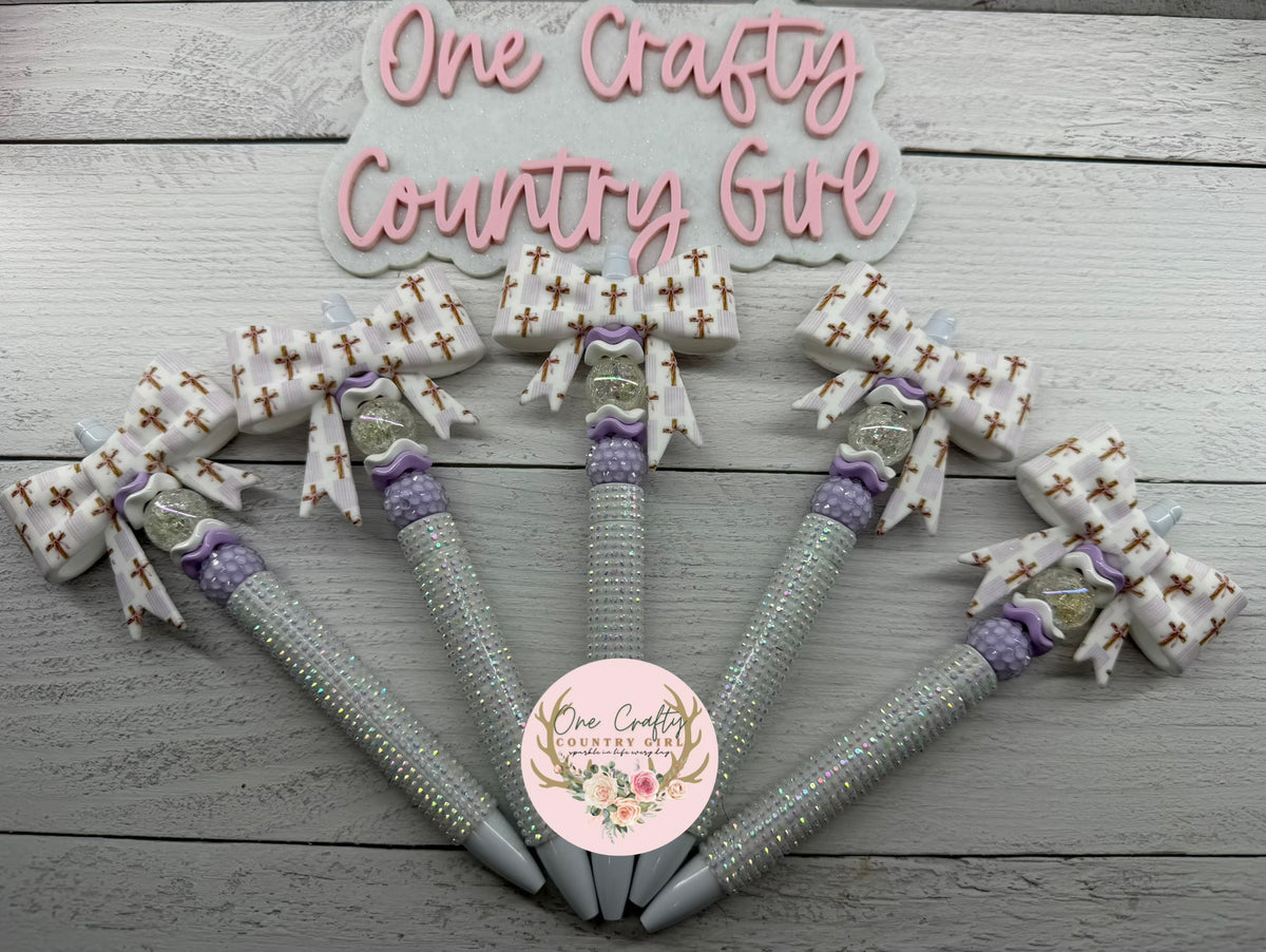 Wooden cross bow on a white horse plastic rhinestone pen