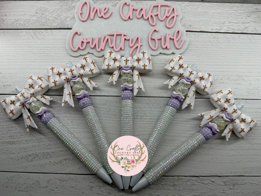 Wooden cross bow on a white horse plastic rhinestone pen