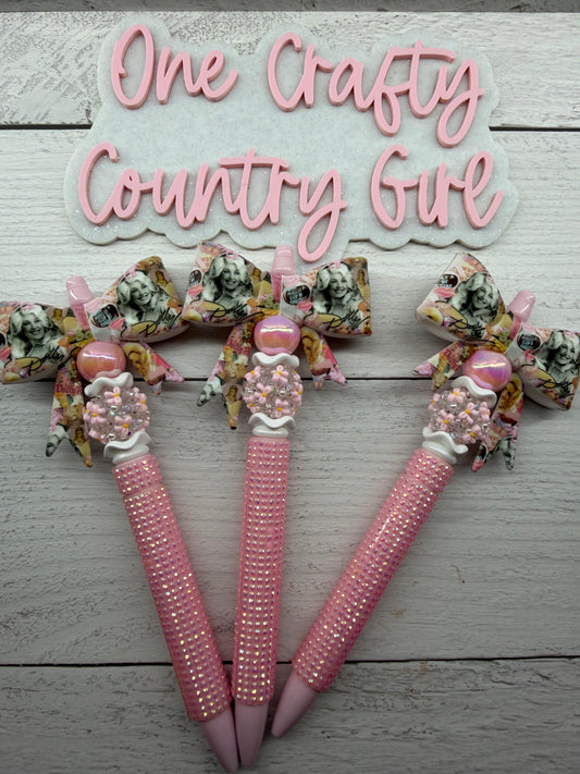 Pink Dolly inspired Bow on light pink rhinestone plastic pen (Dolly Collection #6)