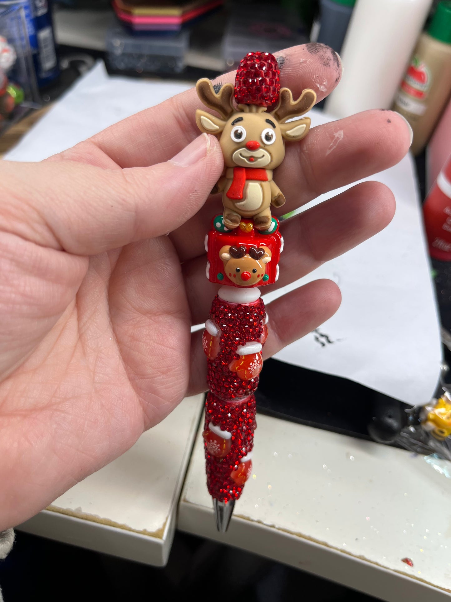 Reindeer on a Red Sparkly Mitten Sparkly Pen
