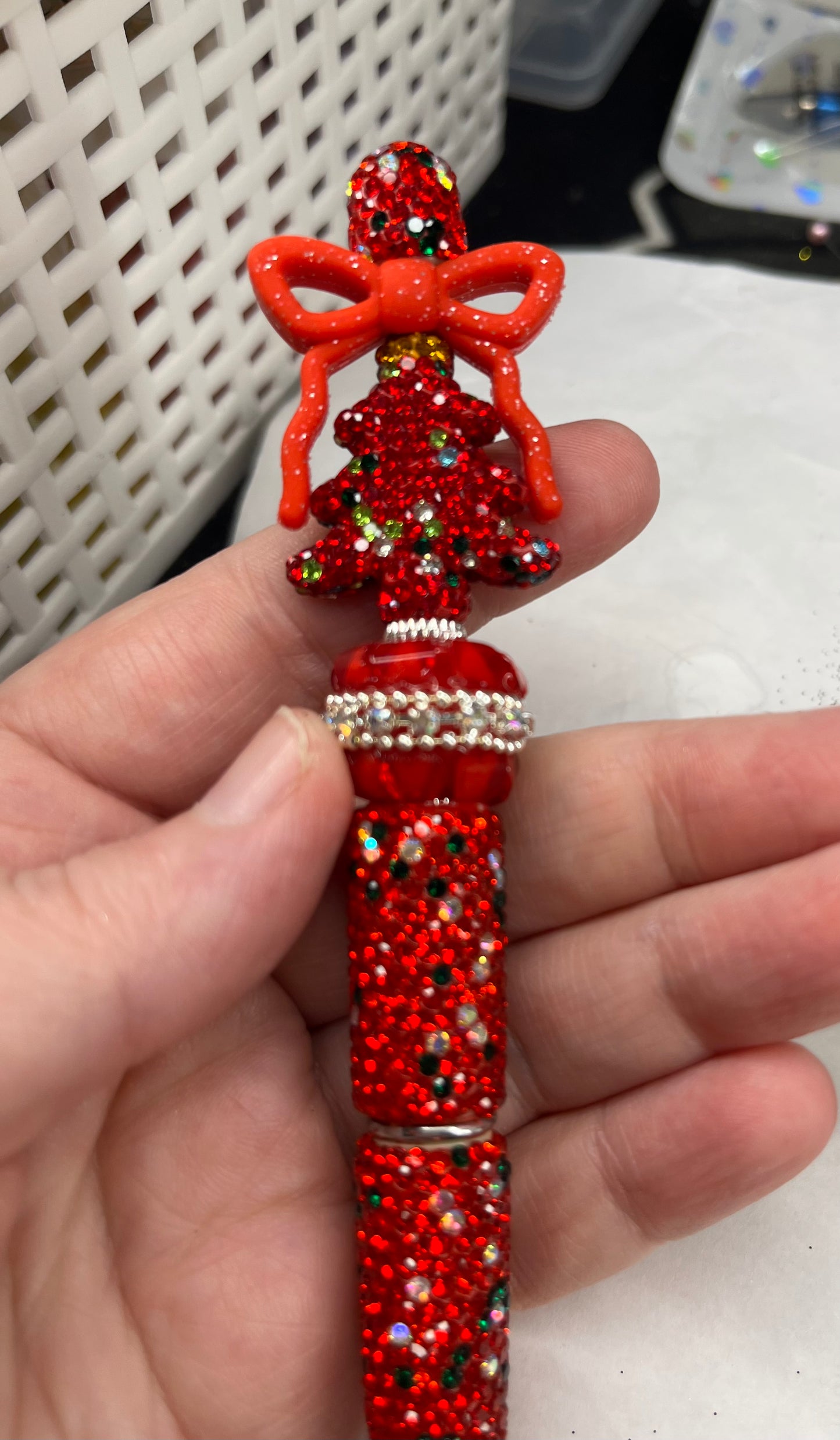 Red Rhinestone Tree with a bow on multi color bling pen