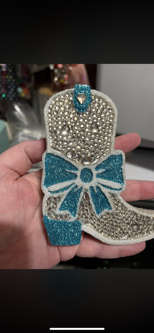 Bling Out Blue and Silver Cowboy Boot Freshie in Dutch Apple Waffle