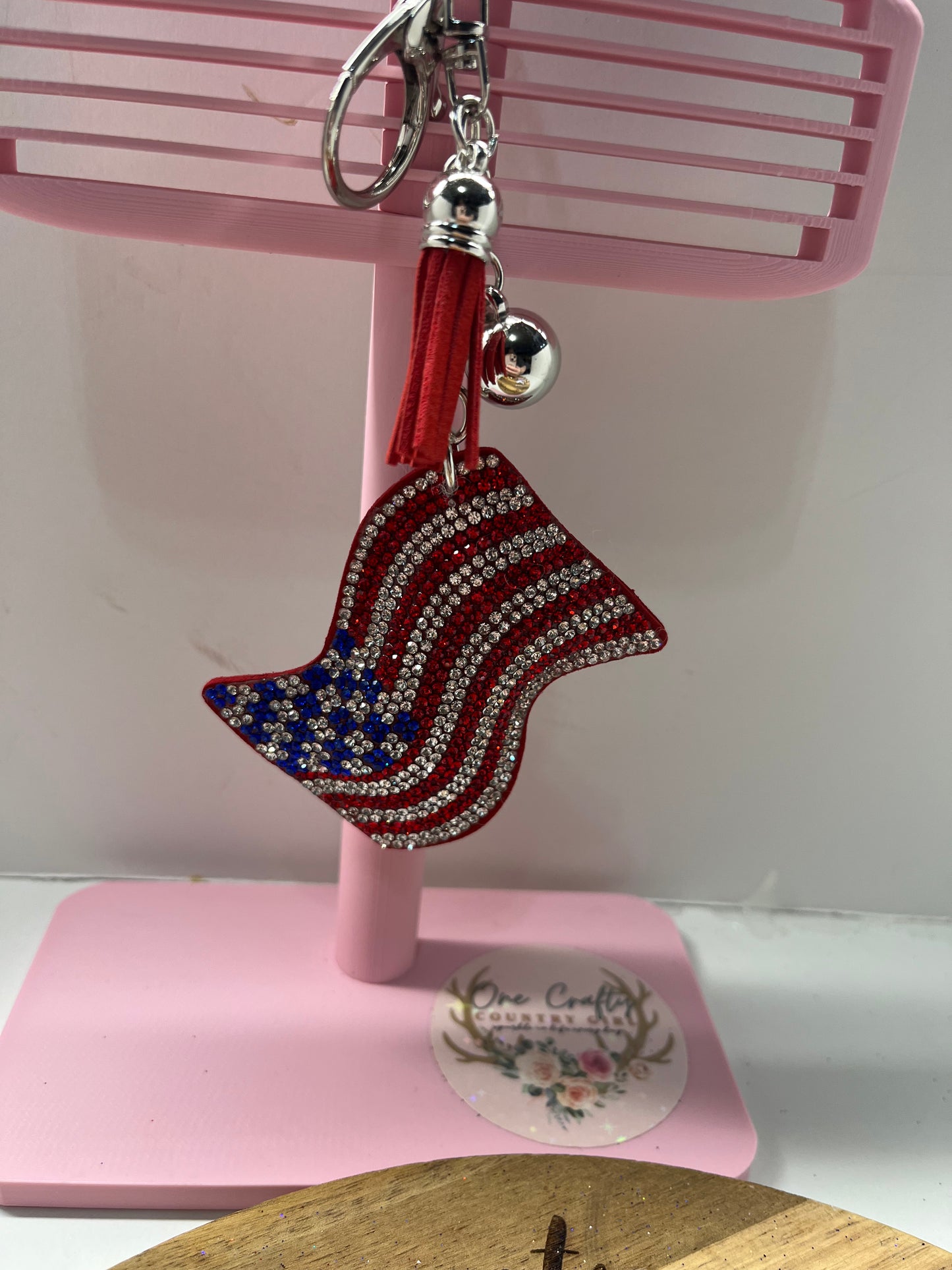 Sparkly Rhinestone America waving flag keychain
