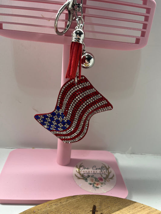Sparkly Rhinestone America waving flag keychain