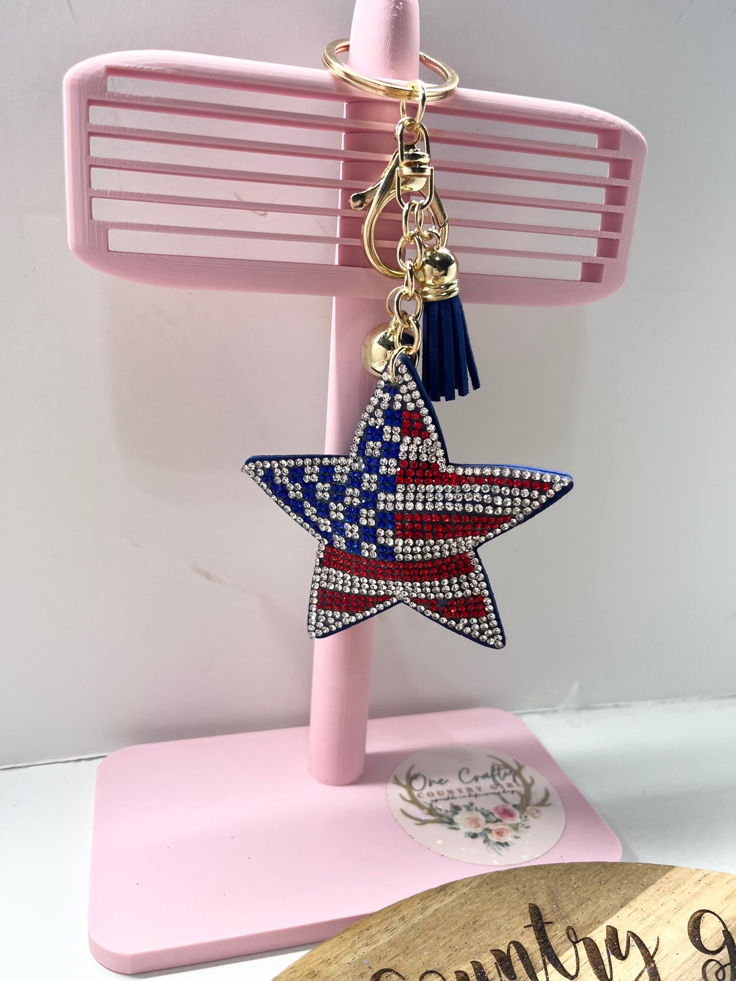 Sparkly Rhinestone Star US Flag Keychain