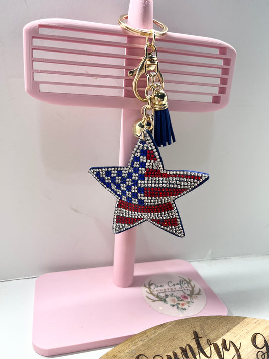 Sparkly Rhinestone Star US Flag Keychain