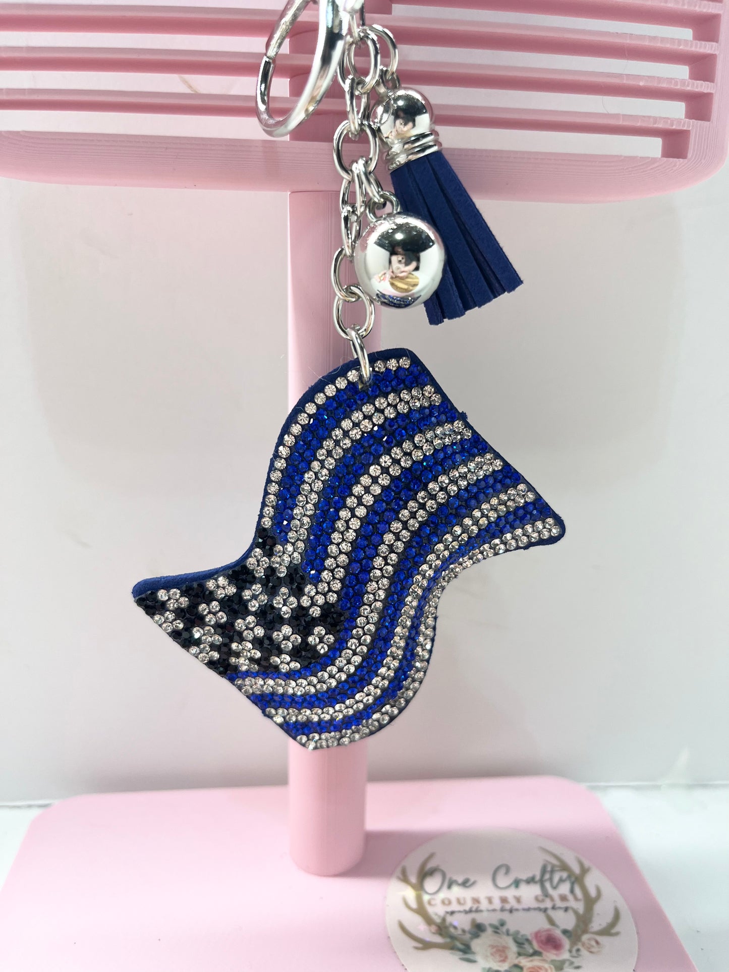 Sparkly Rhinestone Thin Blue Line Waving Flag Keychain