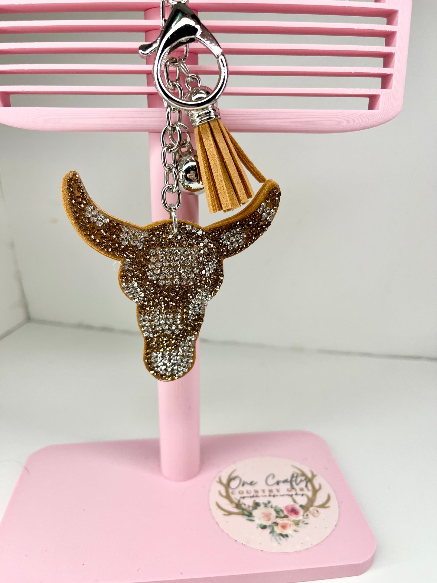 Sparkly Rhinestone Bull Skull Keychain