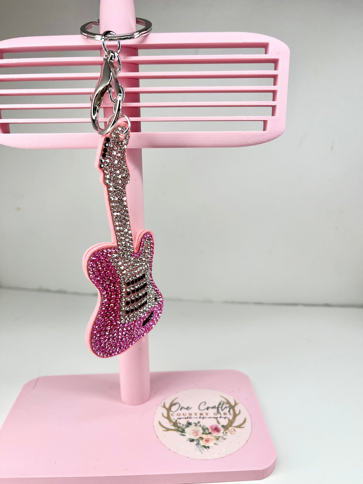 Sparkly Rhinestones Pink Guitar Keychain