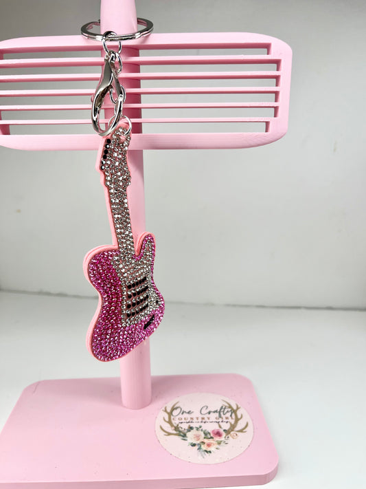 Sparkly Rhinestones Pink Guitar Keychain