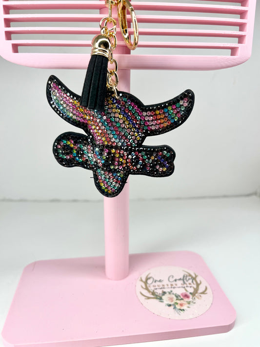 Sparkly Rhinestone Cowboy Multi Colored Bull Skull Keychain