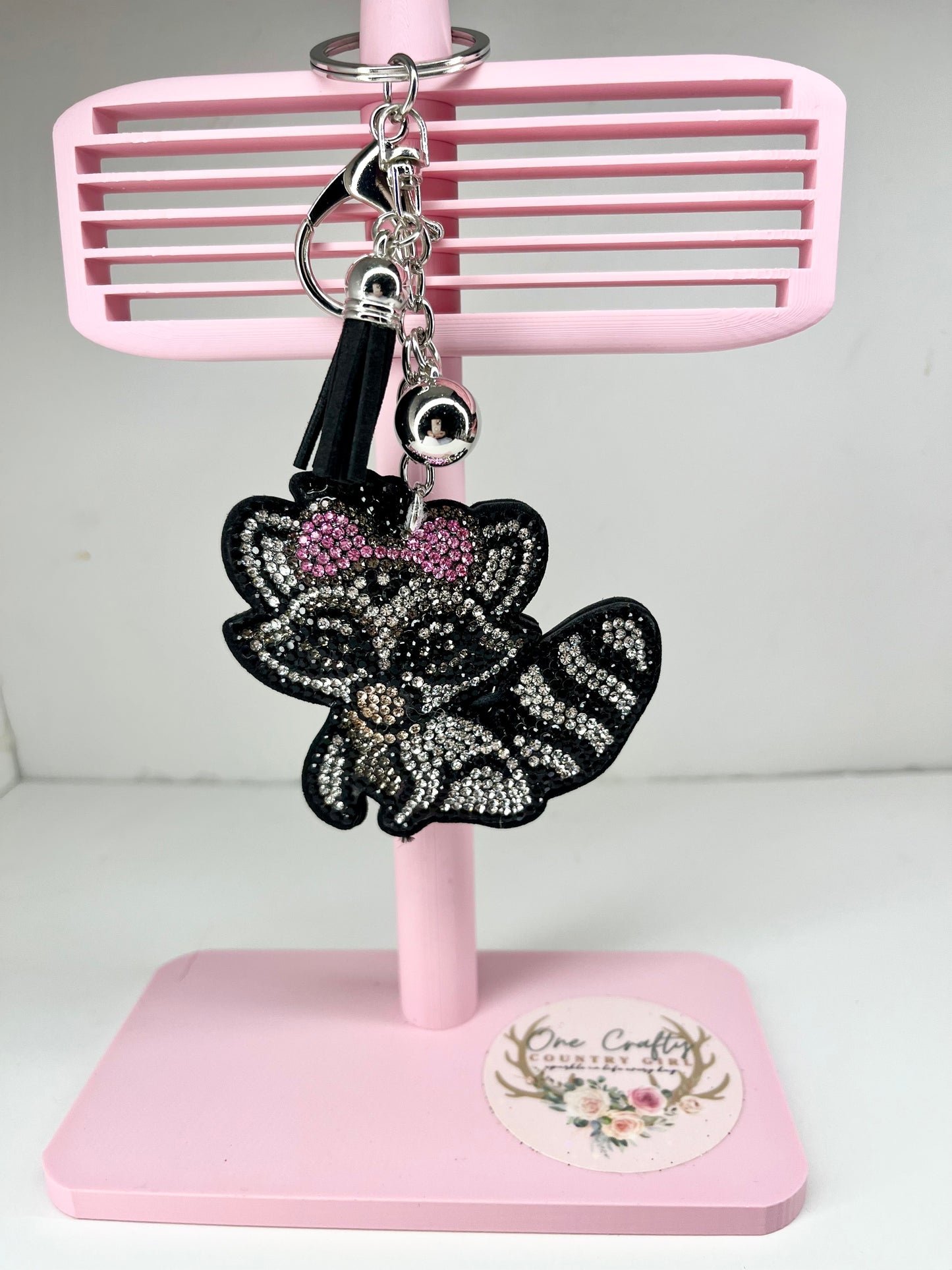 Sparkly Rhinestone Girl Raccoon Keychain