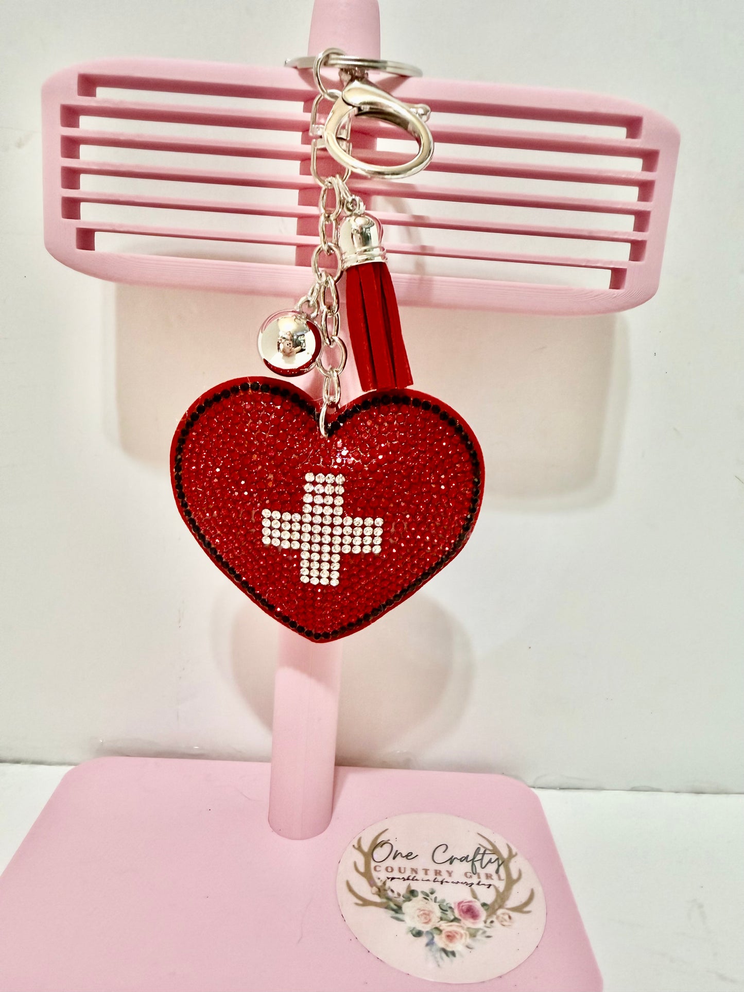 Medical + on Red Heart Sparkly Rhinestone Keychain
