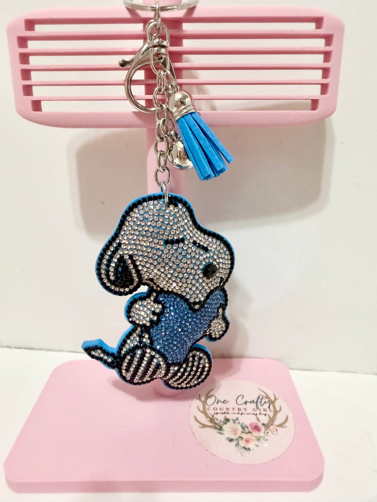 Snoopy In Blue Book Sparkly Rhinestone Keychain
