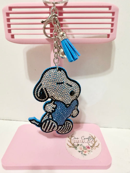 Snoopy In Blue Book Sparkly Rhinestone Keychain