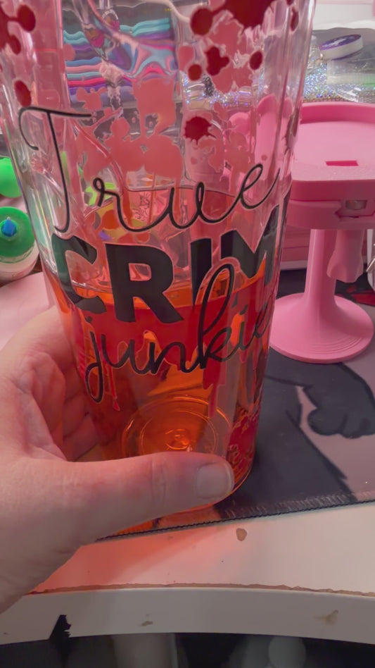 True Crime on Blood Drip 24oz Acrylic Cup with fake ice cubes with blood drip on the ice